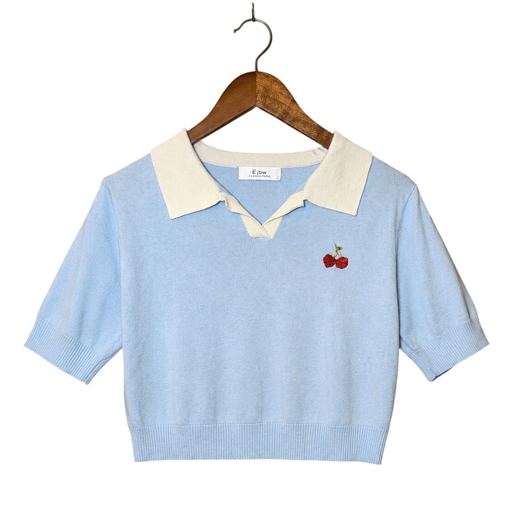Ejbw Cherry Baby Tee Knit Sweater Crop M Blue Preppy Coquette Y2K Soft Girl 90s